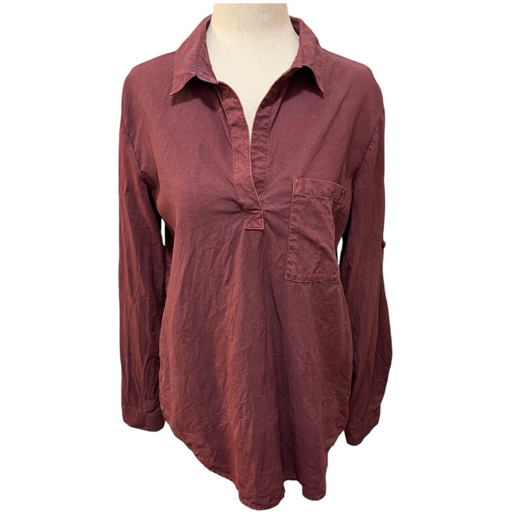 ANTHROPOLOGIE Cloth & Stone S Tencel Lyocell Long Sleeve Collared Shirt Burgundy
